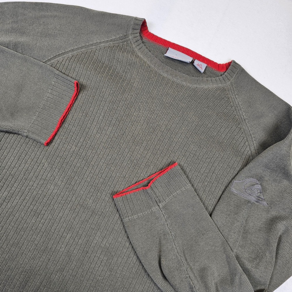 Vtg Y2k Quiksilver Mens Ribbed Knit Sweater Olive Green Red Trim Raglan Large